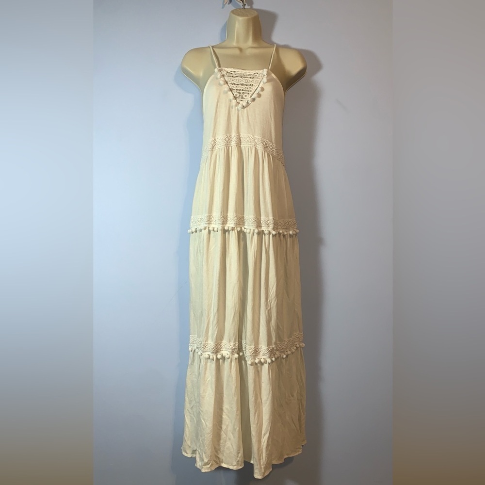 ASOS size 6 soft flowy pom pom tiered Elegant Cream Maxi Dress adjustable strap